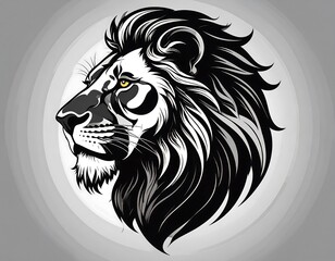 A detailed profile view of a regal lion head, rendered in bold black and white, set against a soft gray backdrop with concentric circles.