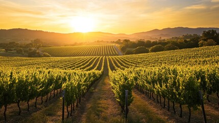 Naklejka premium Golden vineyard landscape at sunset. Rows of grapevines stretch to horizon