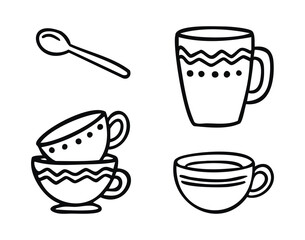 Vintage tea cups line art outline, monochrome hand drawn.