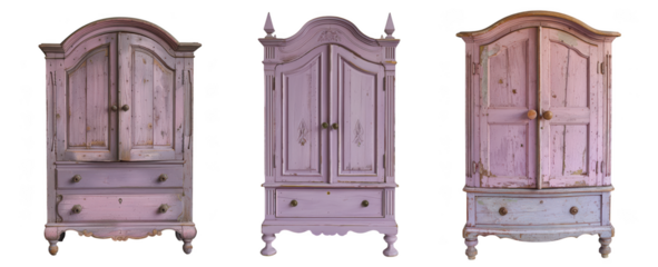 Three antique distressed pink wardrobes with drawers and ornate details, isolated on transparent background