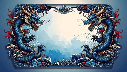Two majestic blue dragons flank a decorative frame, creating a striking visual display of intricate design and bold colors.