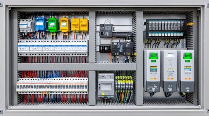 Electrical control panel showing circuit breakers, relays, and wiring