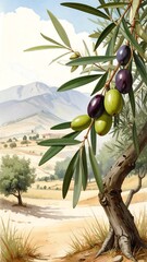A detailed illustration of an olive tree laden with ripe olives, situated in a sun-drenched landscape with rolling hills and distant mountains.  The scene is painted in vibrant colors and rich detail.