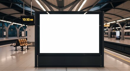 A large, blank digital billboard stands prominently on a modern train station platform, ready for advertising.