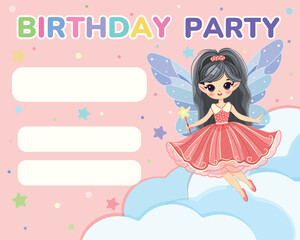 Invitation for birthday party with cute fairy girl flies in the sky with wings and a magic wand on color background. Birthday Banner, Flyer, Greeting Card. Vector illustration in flat cartoon style