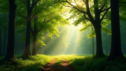 Obraz premium Sunbeams pierce through lush green forest canopy illuminating a woodland path