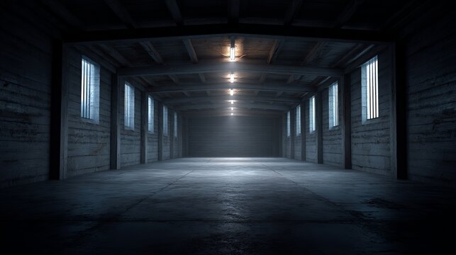 Spacious, dimly lit industrial warehouse interior with rows of windows and overhead lights creating dramatic shadows and an atmospheric, mysterious mood - Powered by Adobe
