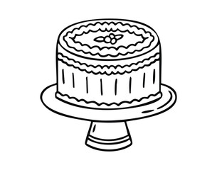 Cake on stand line art outline, monochrome hand drawn.