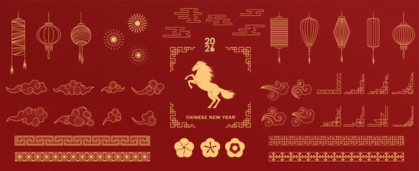 Сollection of vector elements for Chinese New Year 2026 holiday in golden colors. Elements of horse, lanterns, wind, waves, flowers, hand-drawn frame in line style.