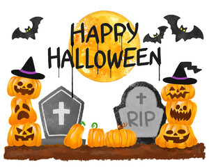 ハロウィンイラスト　水彩風パンプキン　飾り枠　秋のフレーム　ハロウィンの招待状・カードデザイン・ポスター・和風デザイン向け