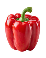 Single, vibrant red bell pepper.  Close-up, studio shot, against black background.  Smooth, glossy skin, showcasing a deep crimson hue.  Green stem at the top.  Perfectly formed and plump