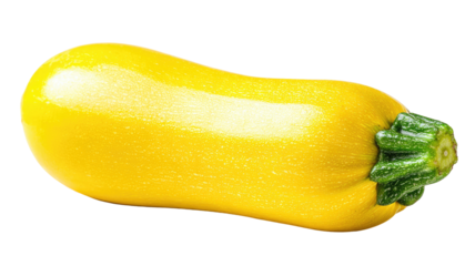 Bright yellow zucchini, smooth skin, slightly oblong shape, small, green stem