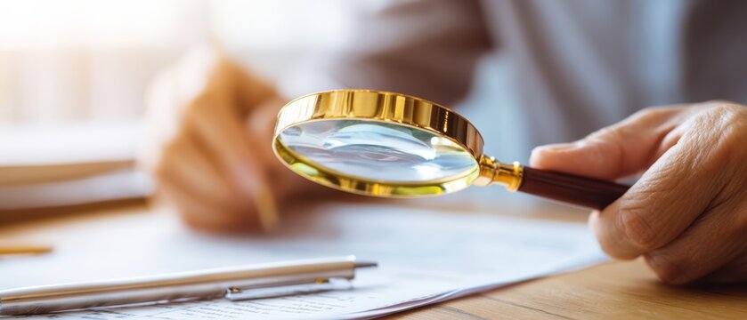 The magnifying glass revealing fine details on documents during careful business review
