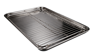 Stainless steel rectangular baking sheet with removable wire rack.  A high-quality,  metal baking pan with an embedded wire rack.  The pan is angled, showing its smooth,  reflective surface.
