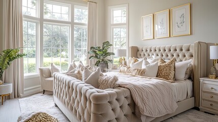 Obraz premium Opulent bedroom styled with gold finishes, cozy layered tones, and velvet accents.