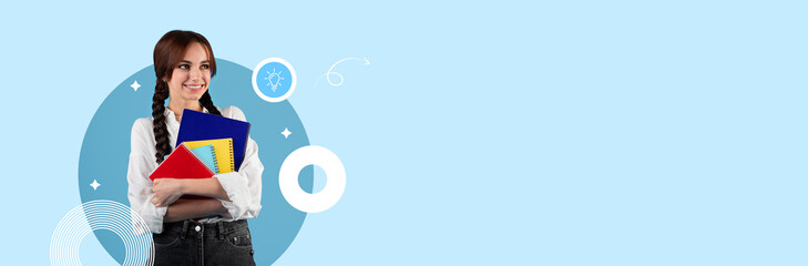 A young student stands confidently, holding various notebooks and smiling. The contemporary educational backdrop features a bright blue color scheme, highlighting a positive learning atmosphere.