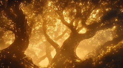 Magical woodland treehouse illuminated by lanterns high resolution picture