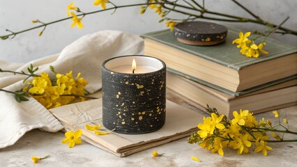Lit candle with yellow flowers and old books
