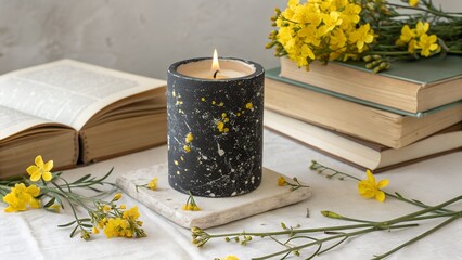 Cozy candle lit beside stacked books and yellow flowers