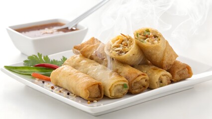 Crispy golden spring rolls served with dipping sauce and garnish