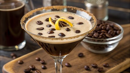 Delicious espresso martini cocktail garnished with coffee beans and orange zest