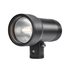 Dark gray, cylindrical studio light with a round lens