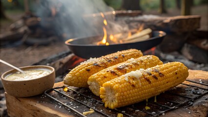 Grilled corn on the cob cooking over an open campfire