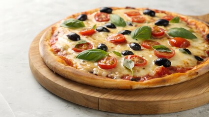 Delicious margherita pizza topped with fresh basil and olives
