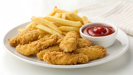 Crispy chicken tenders and golden french fries with ketchup