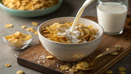 Pouring milk over a bowl of crunchy cereal for breakfast