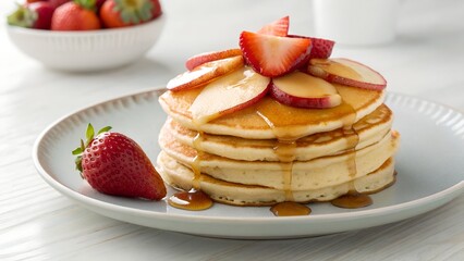 Delicious stack of pancakes topped with strawberries and syrup