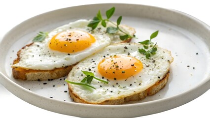 Two sunny side up eggs on toast with fresh herbs