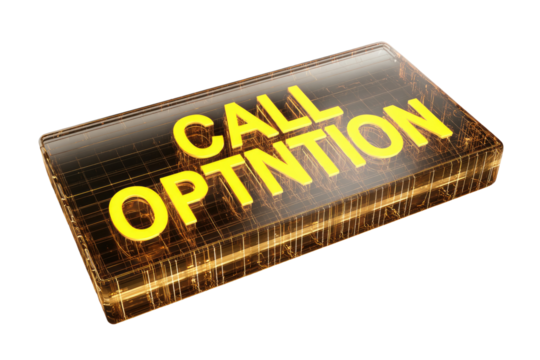 Amber-colored, translucent rectangular button with the words "CALL OPTION" in bold yellow letters.  The button appears 3D and has a grid-like pattern on its surface - Powered by Adobe