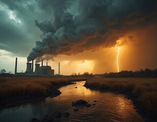 Industrial pollution vents dark smoke against stormy, lightning-filled sky. Power plant emissions contrast with natural weather event. Rural landscape, river reflect dramatic, impactful scene of