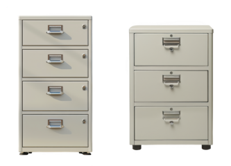 Two metal filing cabinets, one tall and one short, with drawers and handles, isolated on transparent background