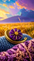 A detailed close-up of a crescent-shaped brooch, featuring a vibrant purple flower, resting on intricately patterned, multicolored knitted fabrics.