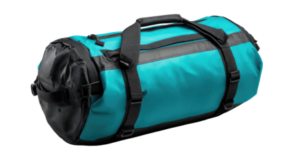 Teal and black duffel bag, cylindrical shape, featuring durable straps