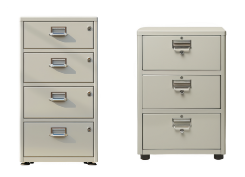 Two metal filing cabinets, one tall and one short, with drawers and handles, isolated on transparent background