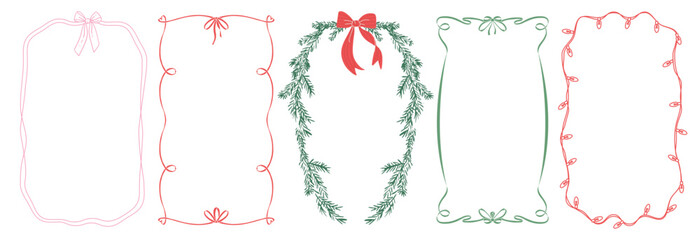 Set of vintage frames and vertical borders for greeting cards, Christmas and New year party, invitations in cute minimalist style. Hand drawn line border illustration for social media template. Vector
