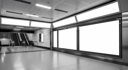 Black and white image of a subway station with blank billboards and an escalator in the background, creating a sense of emptiness.