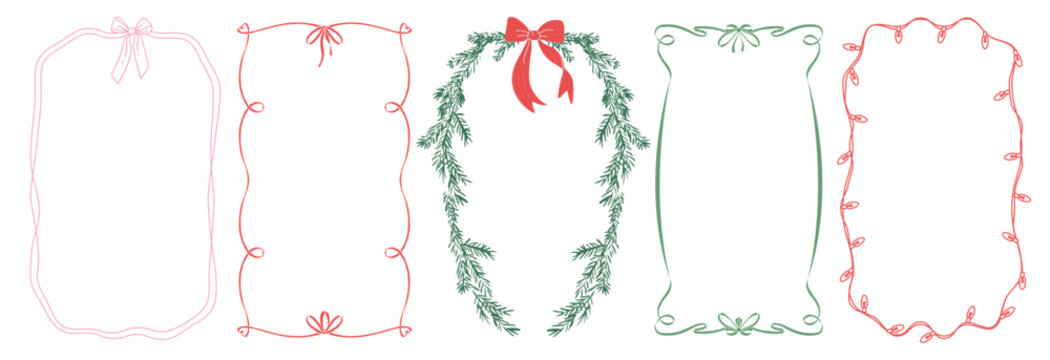 Set of vintage frames and vertical borders for greeting cards, Christmas and New year party, invitations in cute minimalist style. Hand drawn line border illustration for social media template. Vector