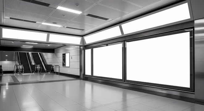 Black and white image of a subway station with blank billboards and an escalator in the background, creating a sense of emptiness.
