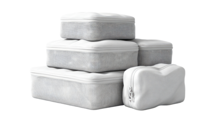 Stacked, light gray, zippered storage containers.  Various sizes