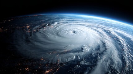 Massive hurricane vortex swirls over Earth's atmosphere, showcasing nature's immense power and global weather patterns from space.