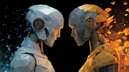 Two futuristic robots facing each other, one dissolving into blue particles, the other into fiery orange fragments, symbolizing AI evolution and transformation.