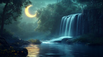 Magical woodland waterfall glowing at night high resolution picture