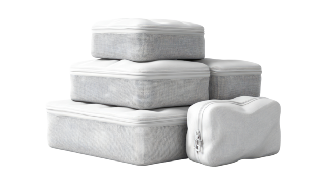 Stacked, light gray, zippered storage containers.  Various sizes