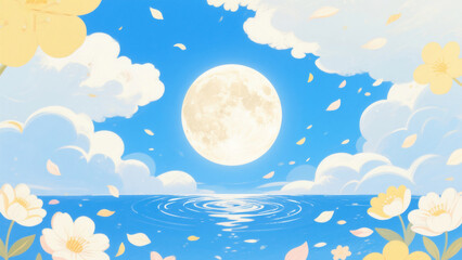 Dreamy Moon Flower Water Surface Cartoon Illustration