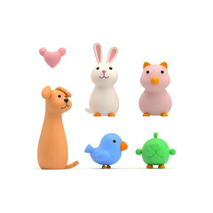 Minimalist 3D pet icon set featuring dog, rabbit, hamster, bird, turtle, and heart symbol in kawaii cute style. Smooth and colorful 3D characters perfect for children’s projects, educational apps