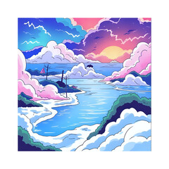 Vibrant cartoon illustration of a surreal neon sunset landscape with colorful pink, purple, and blue clouds over the ocean. A dreamy fantasy seascape with glowing sky, peaceful waves, and artistic